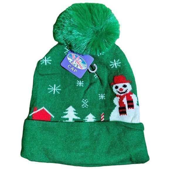NWT Christmas Snowman Snowflake Pom Pom Beanie Green - Picture 1 of 2